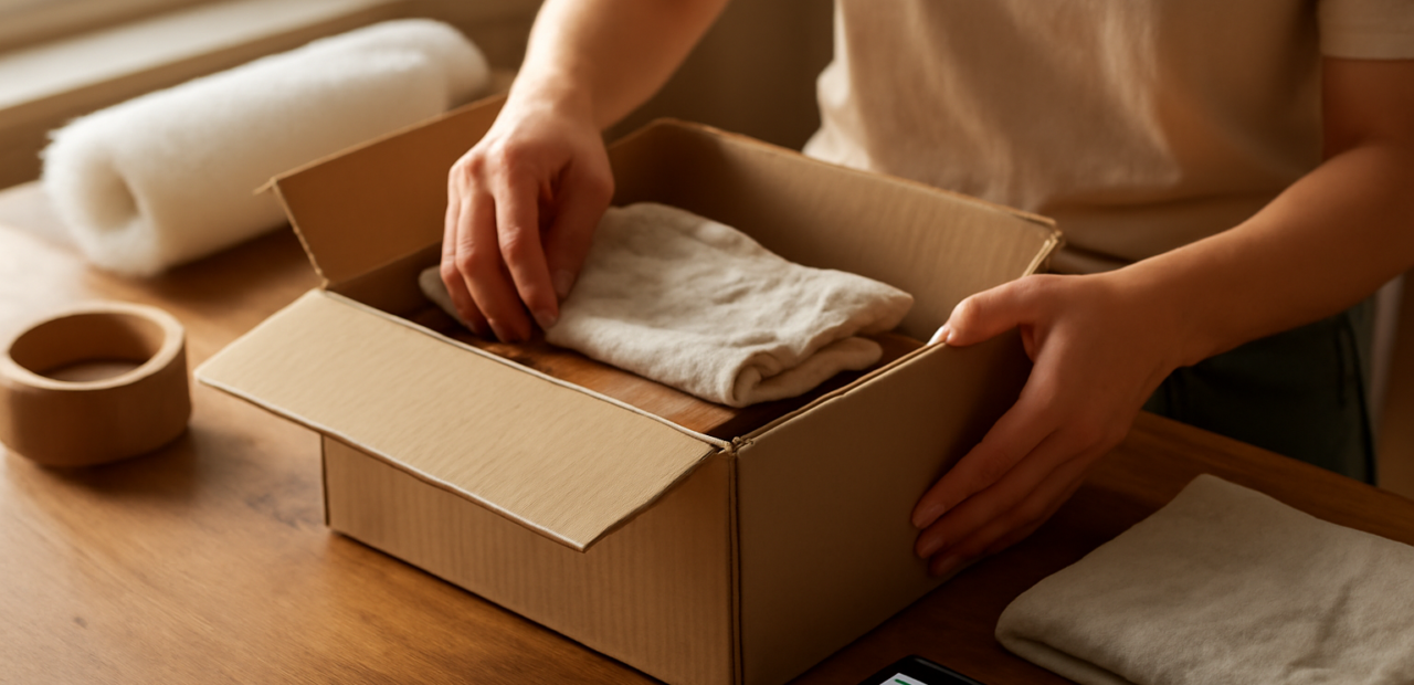 Penjual online pemula mengemas pesanan di meja kayu dengan bahan pelindung paket
