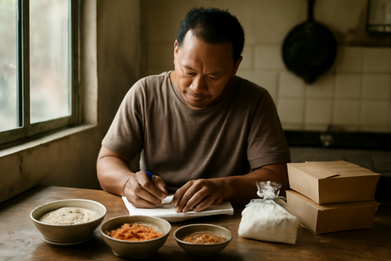 Pemilik warung mencatat biaya bahan untuk menghitung HPP menu kuliner