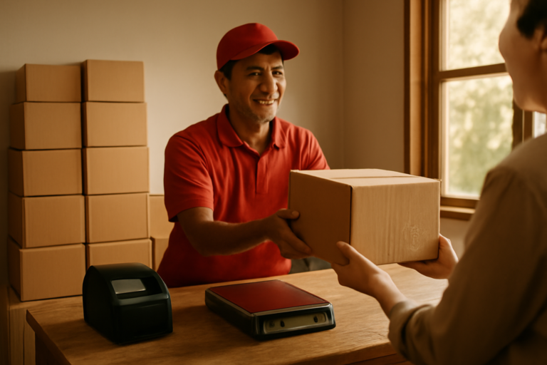 Penjual online menyerahkan paket ke kurir di meja pengemasan toko
