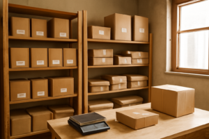 Rak penyimpanan berisi dus dan paket siap kirim di ruang stok toko online rumahan
